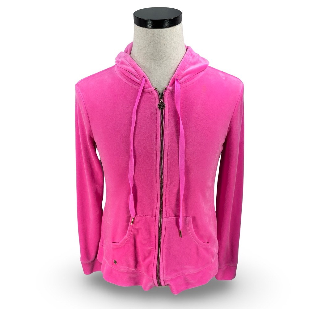 Lilly Pulitzer Larina Velour Full Zip Up Hoodie Pink Womens Medium 000707 READ